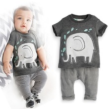 2016 new baby boy clothes cartoon short sleeve T-shirt + striped pants baby clothing suit bebe clothing set Free shipping
