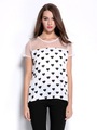 Peach Heart Chiffon Shirts Summer Style Women Round Collar Short Sleeve Blouse Net Yarn Splicing Blousas