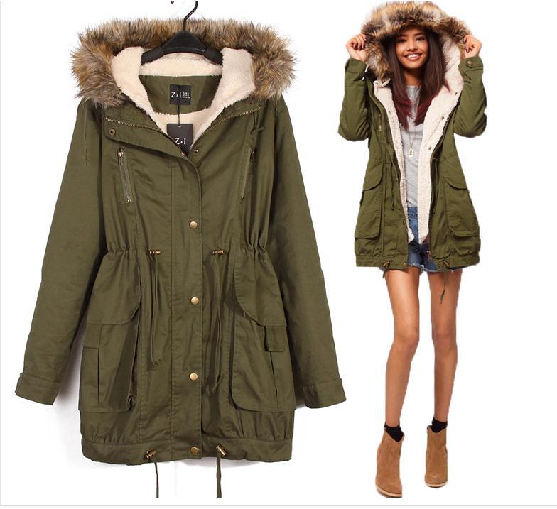 2015 Fashion Warm Winter Coat Women Army Green Casual Outwear Jacket Fur Hoody Lamb Parka Waist Adjustable Free Shipping CH621