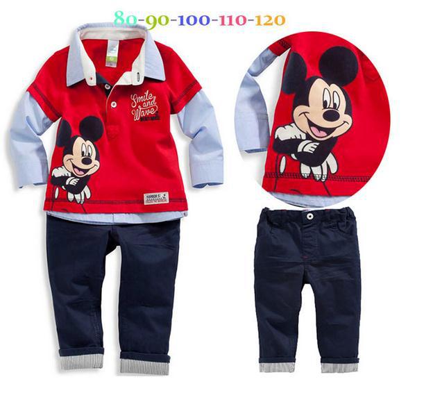 2014 New autumn baby boy suit red long sleeve lapel mickey shirt + trousers 2pcs set kids suit boys casual clothing set 5set/lot