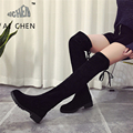 2016 Autumn Winter Over The Knee High Boots PU Leather Square Heels Slip On Martin Boots