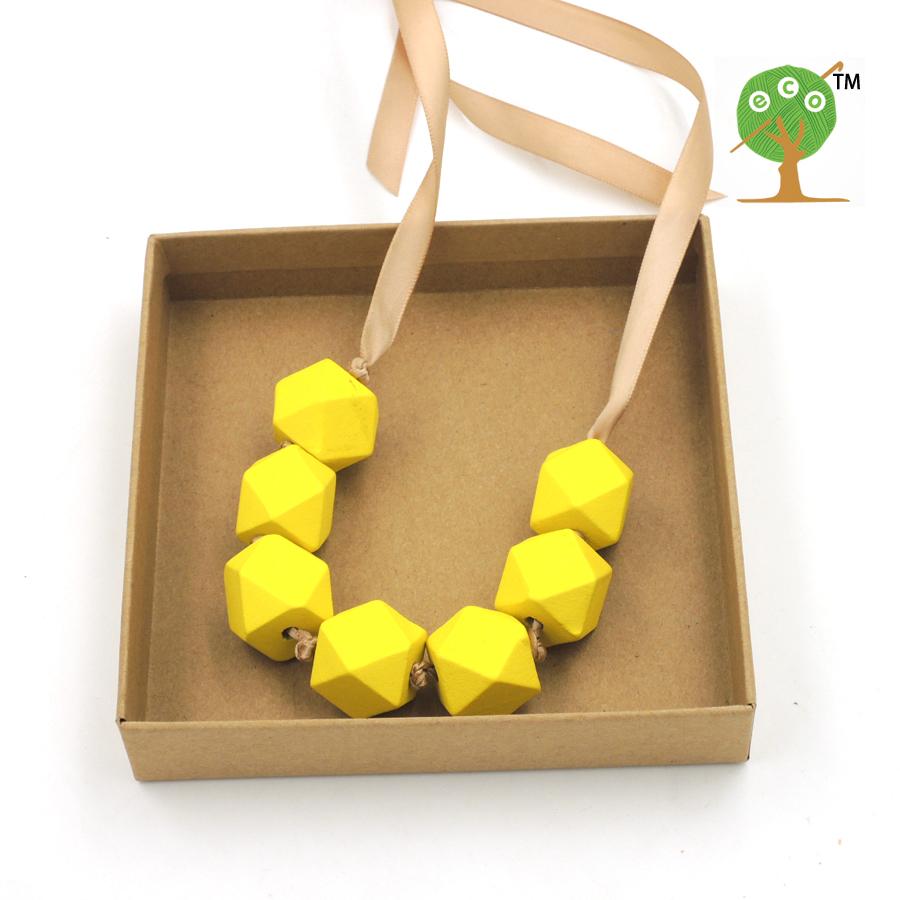 Light coffee Ribbon knot Hand painted Yellow necklace with Geometric Beaded wooden chunky necklace gift NW002