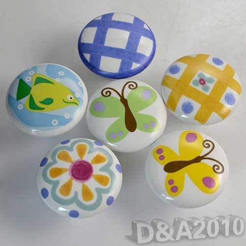2015 Pretty Style Yellow Round Ceramic Patterned Kitchen Cabinet Cupboard Door Drawer Pull Knob Handle