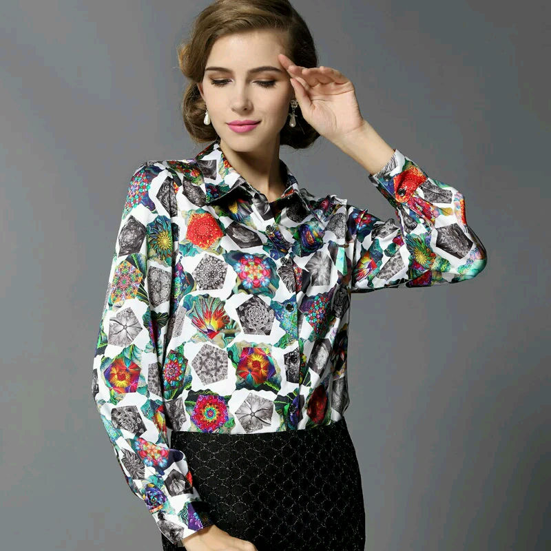 Pure Mulberry SILK blouse Women long sleeve work Brand Print Satin Blusas femininas Office lady STRETCH Plus size 2016 NEW shirt