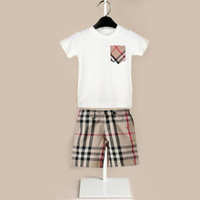 High quality 2pcs boys clothing set summer style 2015 new brand short sleeve t shirt plaid