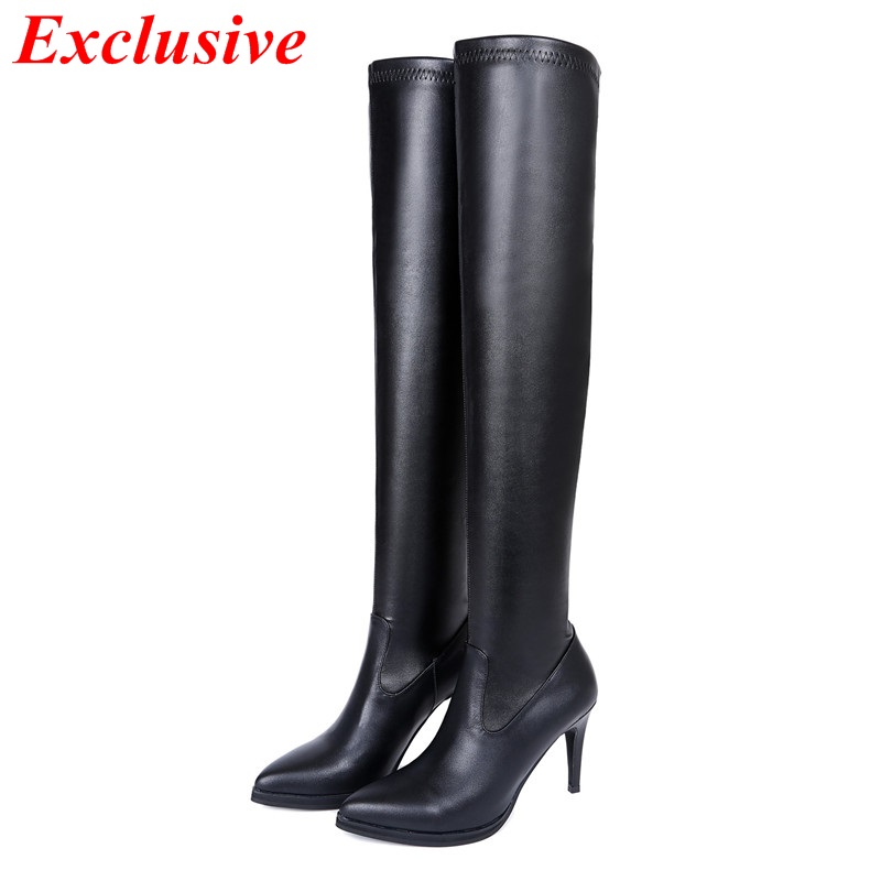Women Low-heeled Knee Boots Winter Short Plush Genuine Leather Spike Heels Long Boots Pointed Toe Fashion Spike Heels Long Boots