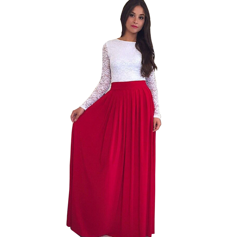 New Spring 2016 Lace Patchwork O-neck Long Sleeve Party Women Dresses Floor Length Big Swing Casual  Maxi Dress WYZ7151