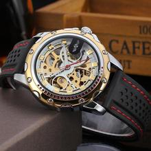 Men watch 2015 Winner skeleton watch with gold color bars index black silicone band free shipping