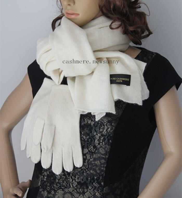 2pcs/set milk white 100% goat cashmere women scarf beanie gloves free shipping