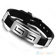 Men’s Black Punk Rubber Stainless Steel Wristband Clasp Cuff Bangle Bracelet