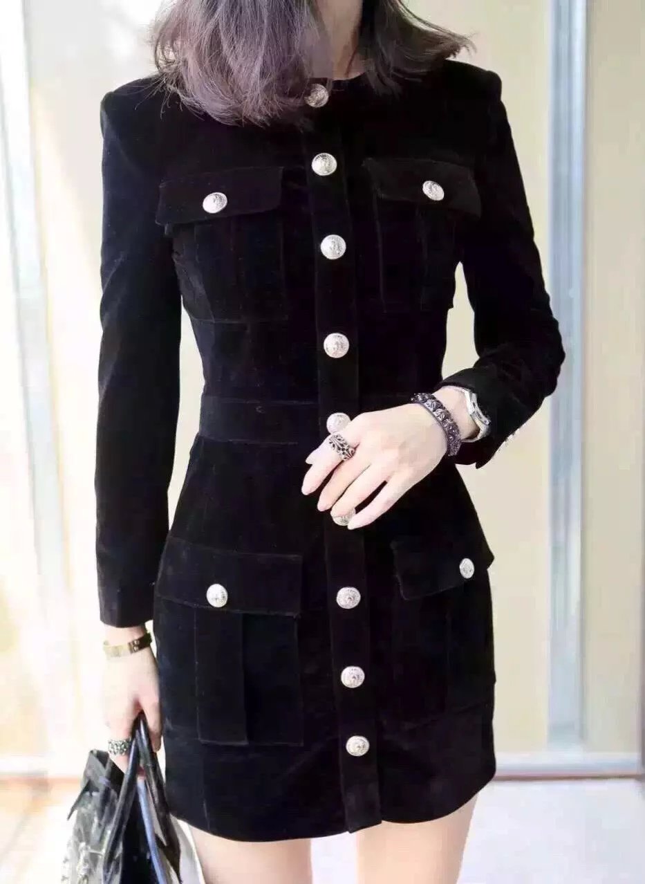 Brand Buttons Women Velvet Dress 2015 Autumn New Women Mini Dress Elegant Black Robe Hiver Brand New Tunique Femme Winter