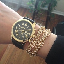 Hot New Fashion Geneva Black Women Lady Roman Numerals Faux Leather Strap Band Quartz Wrist Watch