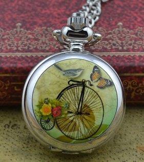 retro new silver cute colorful high wheel women pocket watch necklace hour clock with chain wholesale