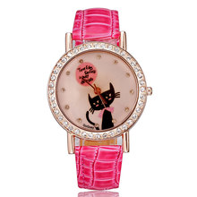 Watches ladies rose gold leather strap crystal rhinestones cute cat fashion casual designer purple women clock
