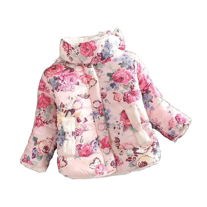 girls warm coat 2015 new baby winter long sleeve flower jacket children cotton padded clothes kids