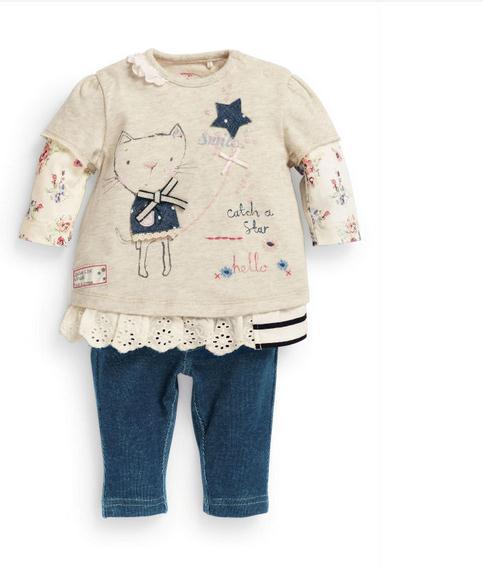 2014 Autumn baby girl suit long sleeve cat printed tops + blue trousers 2pcs set kids suit girls casual clothing set 5set/lot