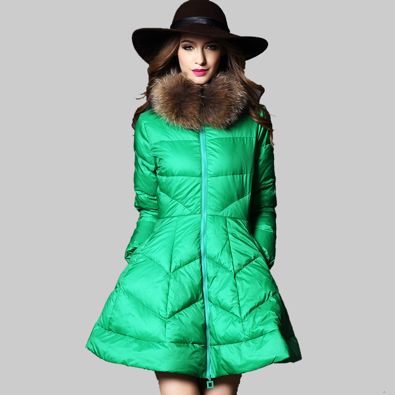 European Style 2015 Winter Duck Down Jacket Women Plus Size Fur Collar Long Sleeve Coat Female Slim Skirt Parkas Mujer XLYB890