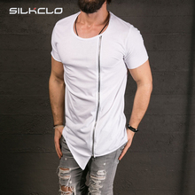 2016 New Men’s Fashion Show Stylish Long T shirt Asymmetrical Side Zipper Big Neck Short Sleeve T-shirt Male Hip Hop Sport Tee