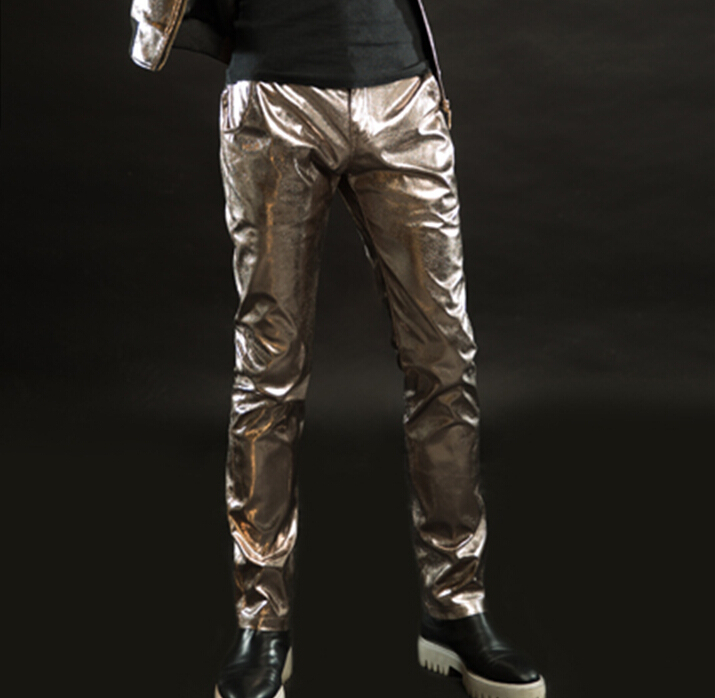 2015 new fashion slim fit male leather pants men s punk casual trousers nightclub bar stage