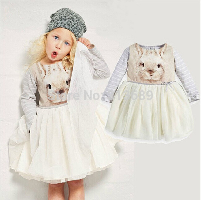 Girls dress wholesale fashion 2015 Rabbit Printing Toddler girl dress Princess children Costumes Bowknot vestido roupa infanti
