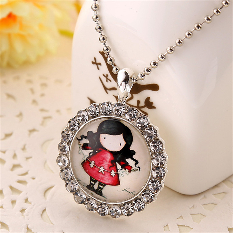 1pc cartoon womens vintage silver tone round crystal jane is a english girl pendant necklace children