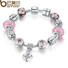 BAMOER 925 Silver Allure Bracelet with Coronary heart Pendant & Cherry Blossom Allure Pink Murano Glass Beads Friendship Bracelet PA1459