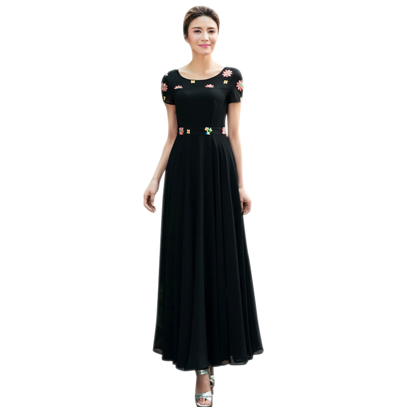 Women Summer Black Chiffon Dress 2016 Spring New Plus Size Short Sleeve Floral Print Maxi Dress Robe Longue Femme 2088