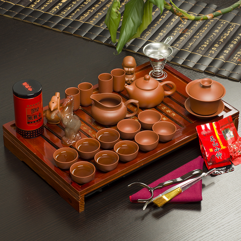 Hot Drinkware Chinese Tea Set Solid Wood Tea Tray Yixing Purple Clay Tea Pot Tureen Red