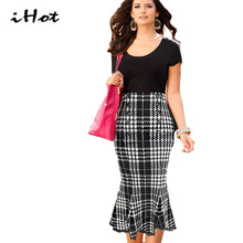 Mermaid Skirt 2016 Womens Chidori Plaid Tartan Elegant Ladies Wine Red Casual Slim Button Lace Patchwork Office jupe coton