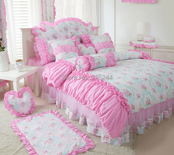 Хлопок пастырской маленький цветок постельных принадлежностей король кровать принцесса розовый кружевной кровать юбка одеяло в мешках