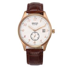Srozi oro rosa relojes hombres marca de lujo de cuero marrón criado patrón de onda Dial alta calidad del cuarzo de pulsera Reloj Hombre