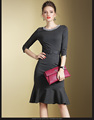 Fashion Rhinestone Pencil Dress Ladies Mid Sleeve Mermaid Work Dress Thick Winter Knee Length Belted Dress