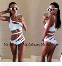 2015 Sexy One Piece Swimsuit Bandage For Women Solid White and Blue One shoulder Cut Out