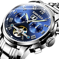 2017 Hot Sale Luxury BINKADA Luminous Automatic Mechanical Skeleton Dial Stainless Steel Band Wrist Watch Men