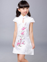 Jacquard Cotton Cheongsam Embroidered Plum Pattern for Kids Dress Summer Party Dress Girl