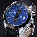 MEGIR Men Chronograph Quartz Water Resistant Watch Blue Dial Black Leather Slim Watches Multifunction Hot Item