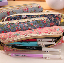 Flower Floral Lace Canvas Zipper Pencil Case Fabric Cute Kawaii Dot Pencil Bag for Kids Girls School Supplies Free shipping 690