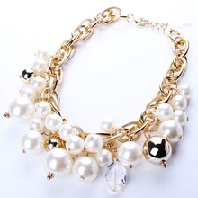New Products for 2015 Cloth Belt Starry Beads Gold Chains Imitation Pearl Necklace Women Brand Jewelry N25881