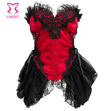 Red & Black Victorian Lace Skirted Corset Steampunk Gothic Clothing Women Waist Training Corsets and Bustiers Overbust Corselet