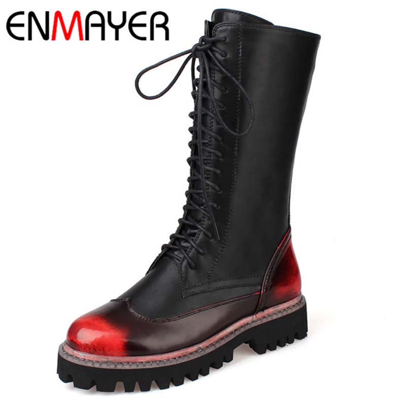 Фотография ENMAYER  Size 34-39 Advanced Full Grain Leather Mid-Calf Round Toe Zip Boots For Women 2-color  New Fashion Boots Martin Boots