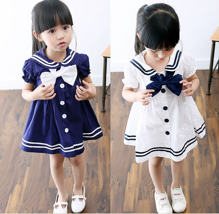 Children girls sailor dress 2015 new summer DRESS Girls dress Lapel Navy cotton skirts for summer