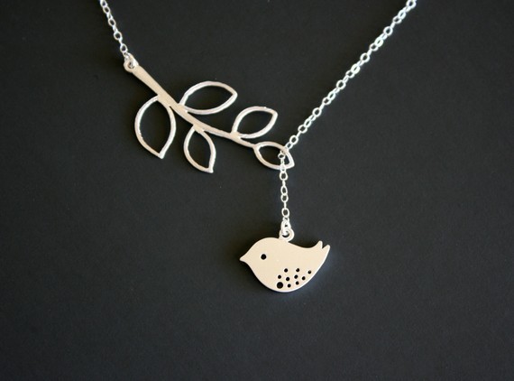 Bird and leaf lariat necklace on Sterling Silver chain - wedding bridal jewelry, birthday anniversary gift ideas,.jpg