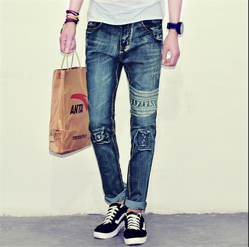 Slim Fit Men Pencil Pants Ripped Design Denim Jeans Nailing hole Trousers Fashion Biker Skinny Jeans Long Pants size 28-36
