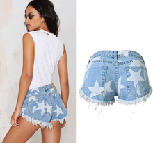 2016 hot Europe Womens Denim shorts ultra short Jeans Stars printing Vintage Tassel low waist Women Sexy Hot Denim Pants Blue 42