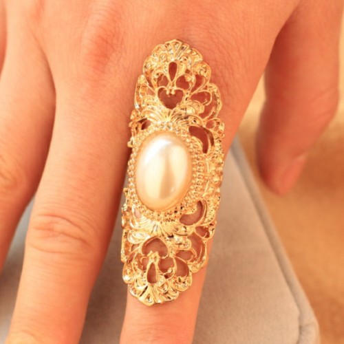 2014 Vintage Fashion Hollow Gold Plated Flower Big Imitation pearls Gem Stone Rings Jewelry Hot Accessories