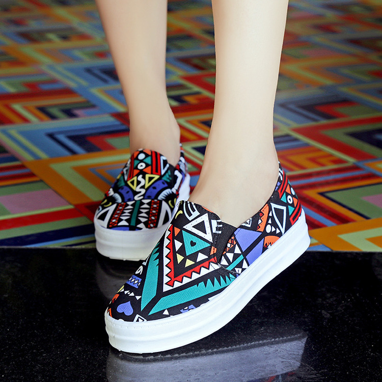 2015 mujeres cuña de la plataforma zapatos casuales de suela gruesa lona de Graffiti pintado alpargatas creepers colorfu mocasines zapatos de mujer F en