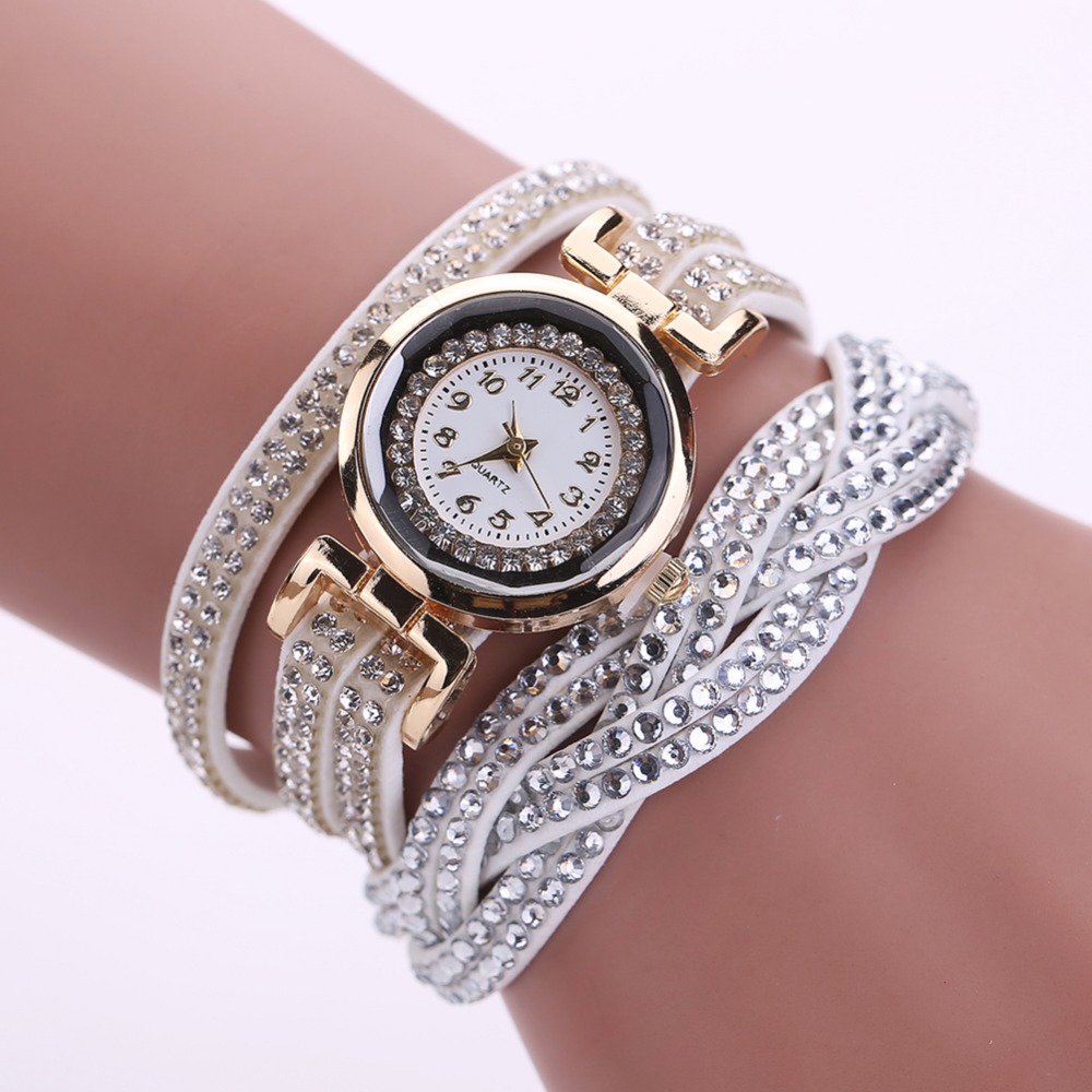 2016 Новый Роскошный Браслет Часы Женщины Кварцевые Часы Горный Хрусталь PU Кожаный Дамы Платье Часы Мода Наручные часы Подарок