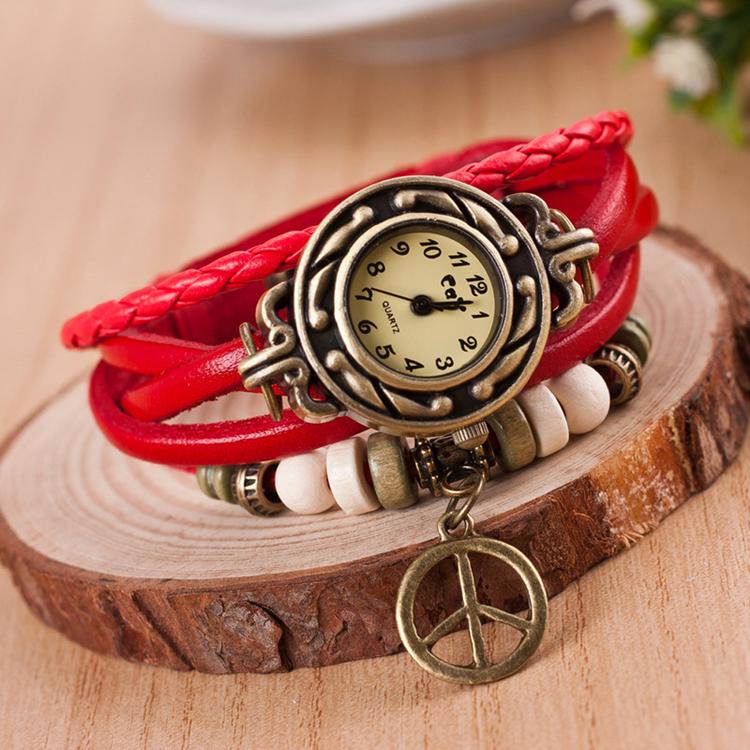 2015 Fashion Punk Style Women Watches Round Pendant Vintage Leather Band Wristwatch Drop Shipping WH 077