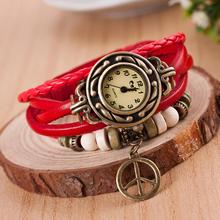2015 Punk Style moda mujeres relojes ronda pendiente Vintage banda de cuero pulsera de la gota WH-077