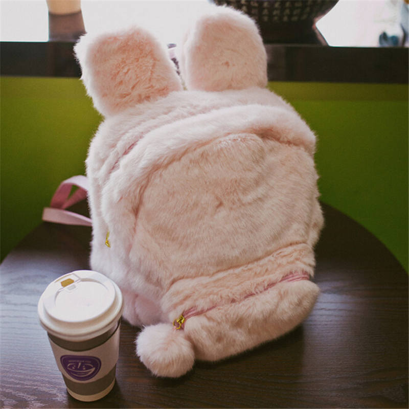 Cute Bunny Ears Backpack Rabbit Fur Double Shoulder Bag Mochila